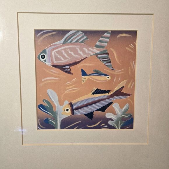 Abstract Art Print Underwater Scene W/ Tropical Fish & Coral Reef, Matted Framed - Picture 1 of 8